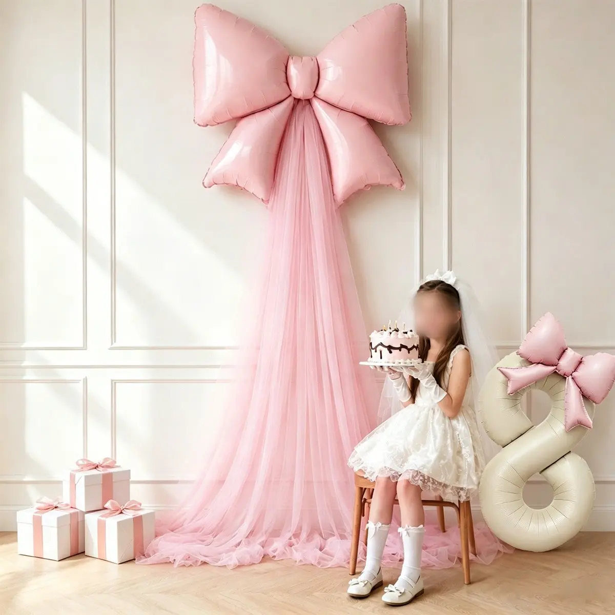 5 Piece DIY Bow Birthday Balloon Set, 32 Inch Cream Number Balloons, Bow Balloons and Silk Ribbon, Party Wedding Decorations, Balloon Party Supplies, Balloon Decorations Kit
