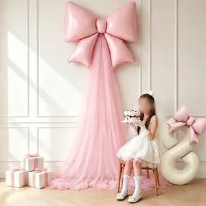 5 Piece DIY Bow Birthday Balloon Set, 32 Inch Cream Number Balloons, Bow Balloons and Silk Ribbon, Party Wedding Decorations