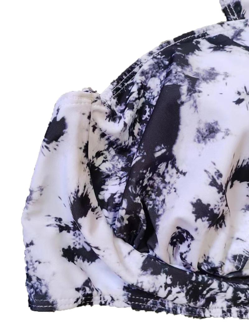 Plus Size Tie Dye Print Halter Neck Criss Cross Backless Underwire Push Up Swim Bra & High Waist Swim Panty Set, Casual Fashion Cut Out Sleeveless Swim Top & Swim Bottom Swimwear Set, Bikini Sets, Halter Bikinis Set