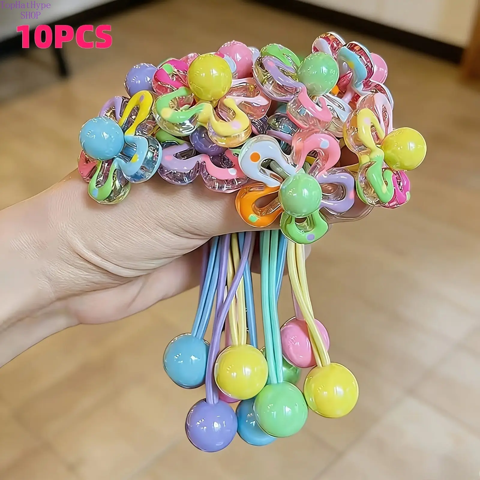 Spiral Hair Ties 10 Pack for Girls, Cute Colorful Flower Ponytail Holders, High Elastic with Beaded Ends, Floral, Flower Spiral, Vibrant, Prop 65 Safe, Elastic Hair Accessory, Colorful Flowers
