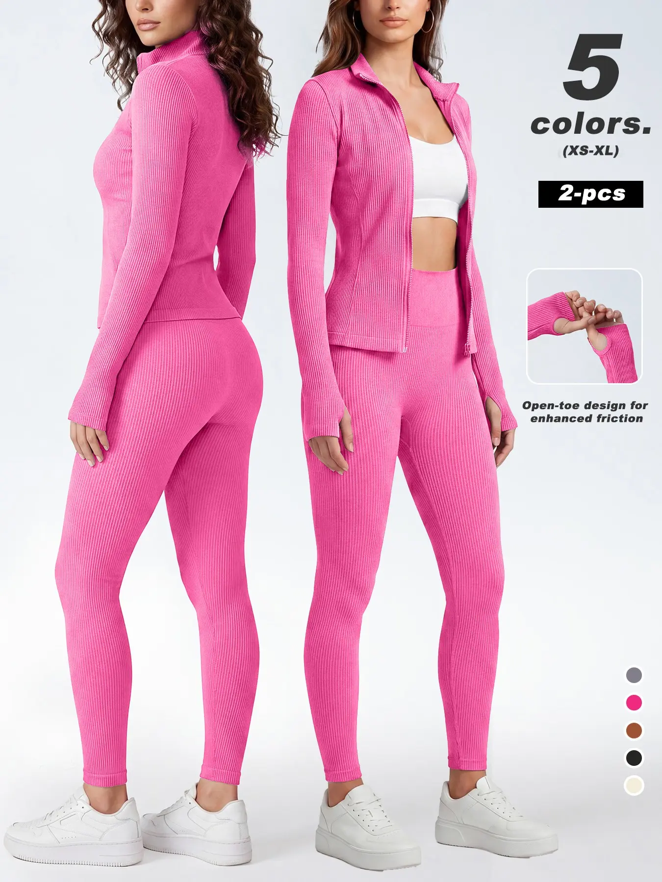 2 Pcs Women Ribbed Zip Up Stand Collar Jacket & High Waist Leggings Workout Separates Suit, Thumb Hole Open Finger Cuff Slim Sculpting Stretch Summer Active Tracksuit Set for Gym Daily Casual Athleisure, Gym Sets, 5 Solid Colors XS-XL