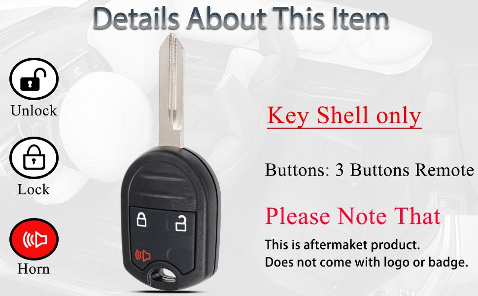 Key Fob Shell Case Replacement for Ford F150 F250 F350 Edge Explorer Expedition Escape Flex Ranger 2008 2009 2010 2011 2012 2013 2014 Keyless Entry CWTWB1U793 3 Button with Keychain