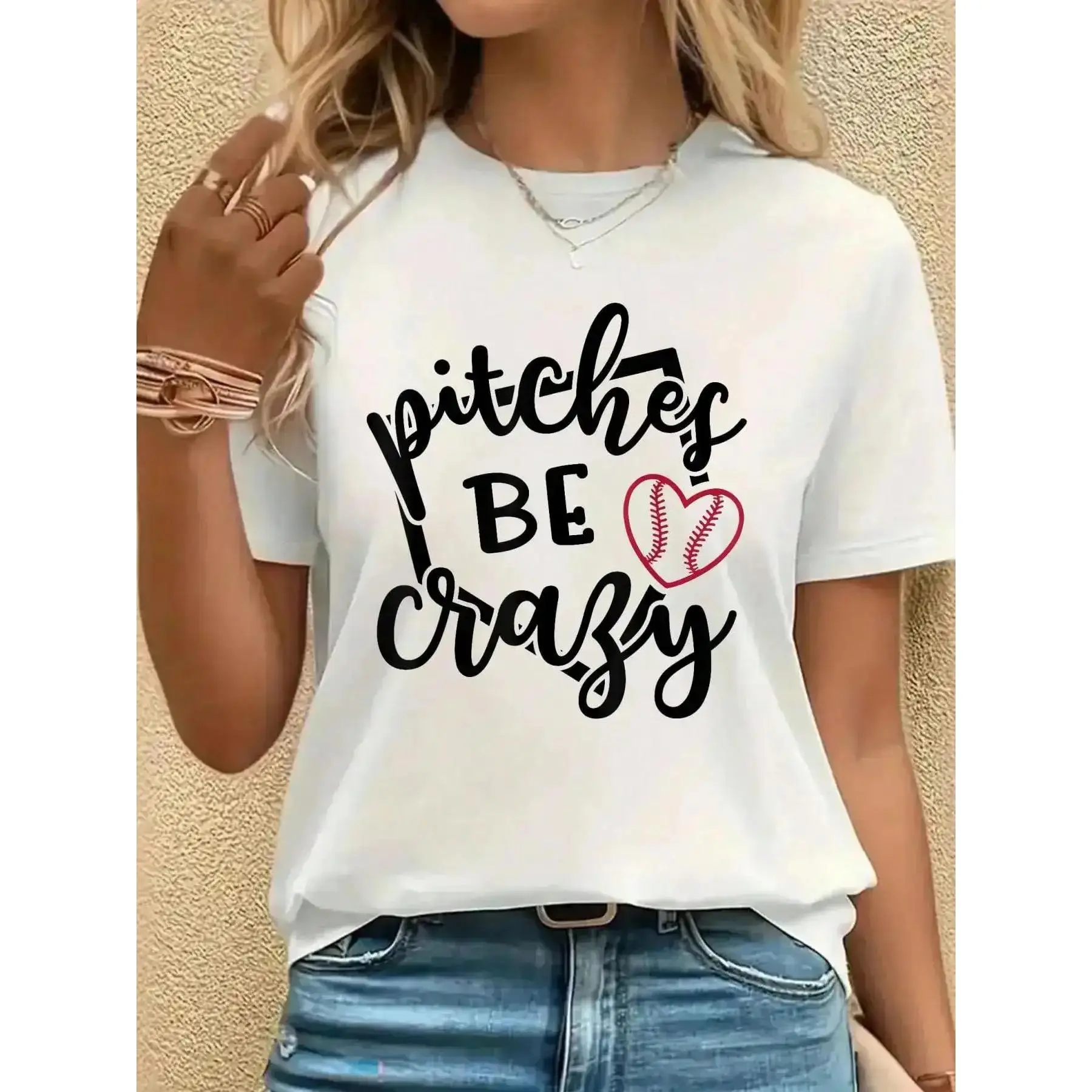 Women's Pitches Be Crazy Funny Softball T-Shirt, Casual Crew Neck Loose Fit Short Sleeve Top