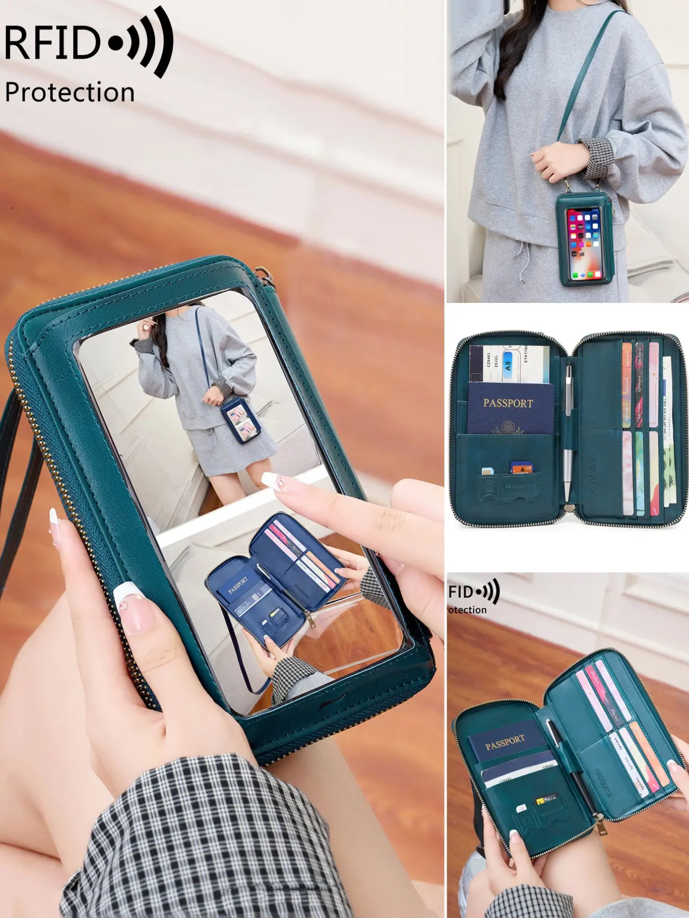 Women Clear Touch Screen Phone Wallet Bag, RFID Blocking Multi-Functional Passport Clutch With Adjustable Crossbody Shoulder Strap, Sturdy Portable Travel Purse Holds Phone, Cards, Cash, Passport, Tickets & Pen, Daily & Travel Must-Have