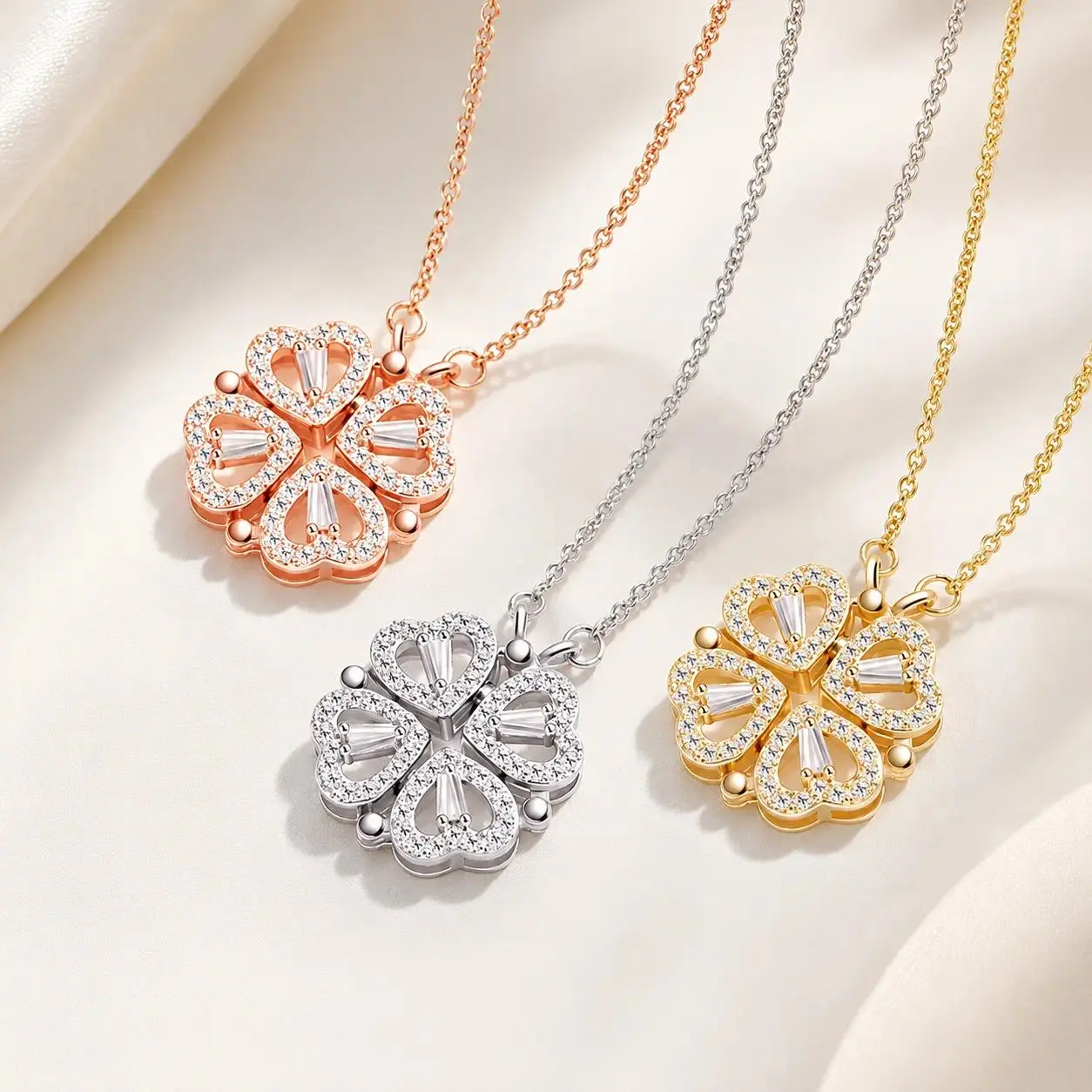Women's 3-Piece 4-in-1 Convertible Magnetic Heart & 4-Leaf Clover Cubic Zirconia Female Necklace Set - Womens Gifts, Birthday & Anniversary Love Gift, Suitable for Daily Wear