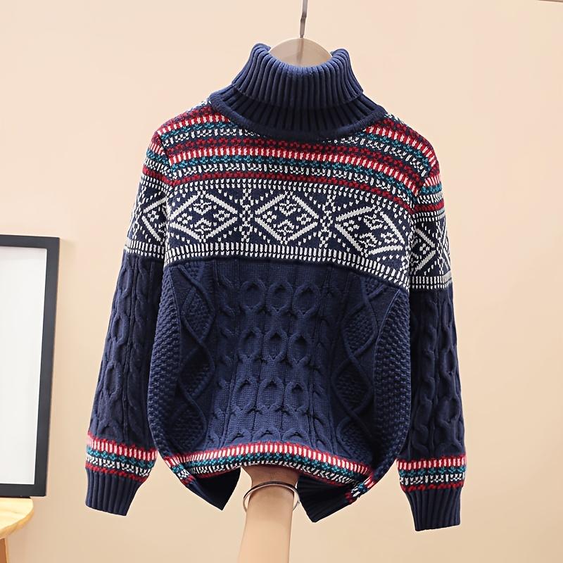 Autumn Winter New Seasonal Unisex Boys' & Girls' Sweater - Vintage Geometric Jacquard Pattern, Contrast Color Stripes, Long Sleeve Round Neck Pullover for Casual Outings, Cozy Knit Top, Casual Wear, Vibrant Pattern, Durable Knit