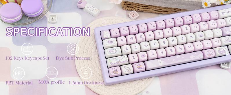 COOMICKEY PBT Keycaps MOA Profile 132 Keys Dye Sublimation Purple Cute Cat Customized Set for ANSI Cherry MX Switches Mechanical Keyboards with Keycap Puller