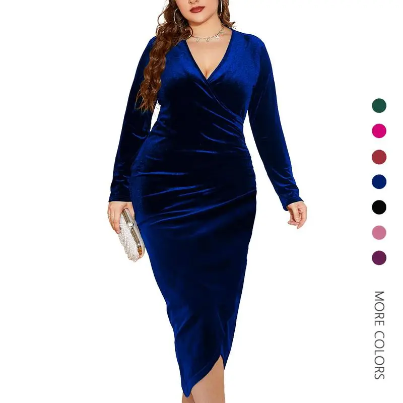 Womens Plus Size Long Sleeve Velvet Bodycon Dresses Sexy Ruched Wrap Deep V Neck Party Cocktail Dress?? Wine Red?? XX-Large Plus