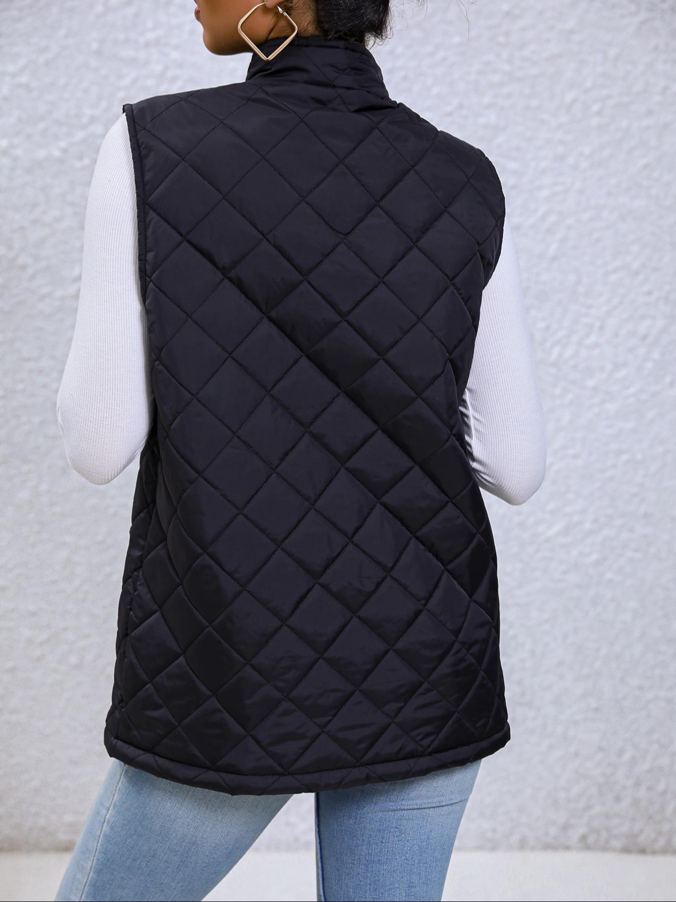 Women's Solid Mock Neck Zip Up Quilted Vest Coat, Casual Pocket Zipper Sleeveless Outerwear For Fall & Winter, Women's Clothes For Daily Wear
