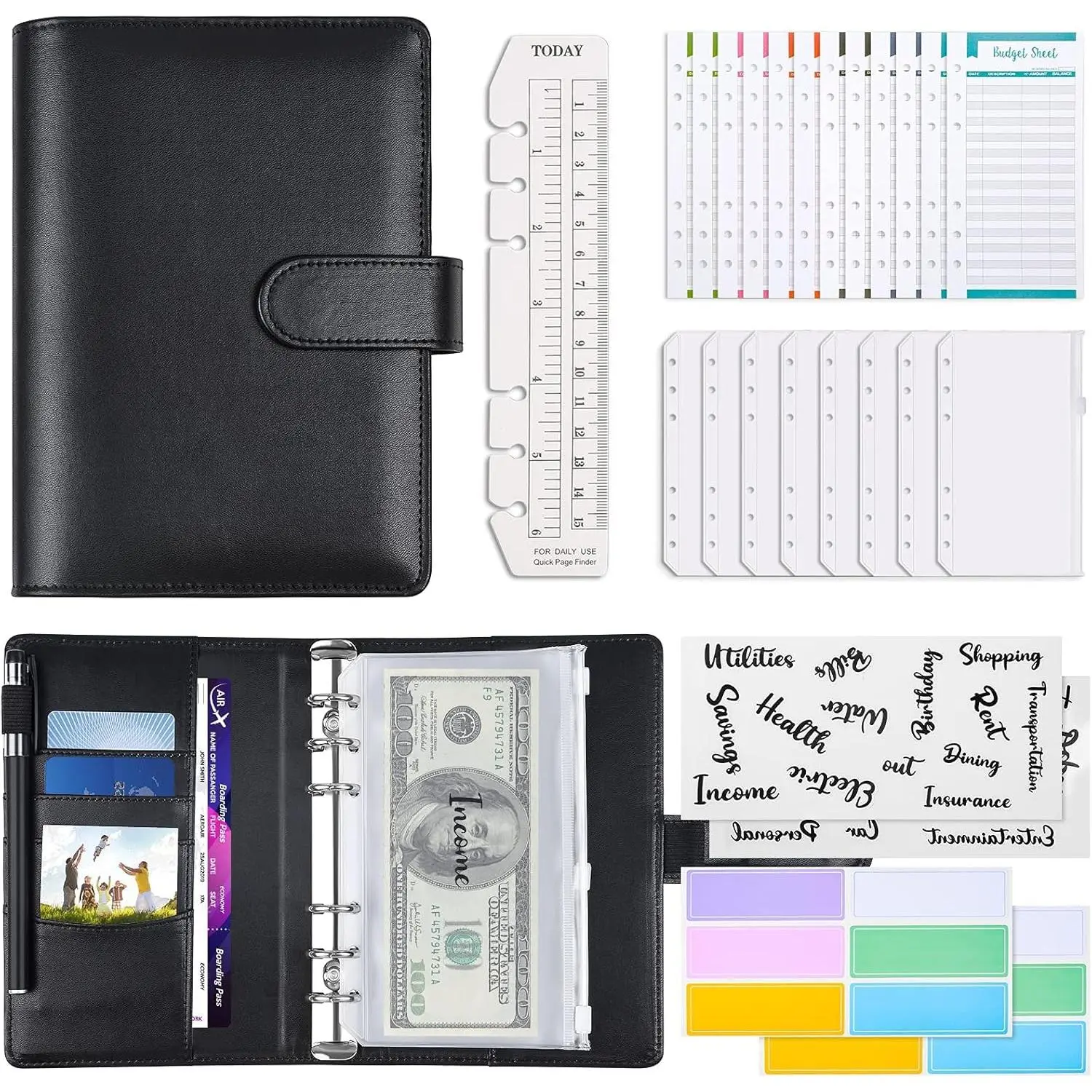 A6 PU Leather Budget Binder Notebook Planner, 6-Ring Organizer with 8 Envelopes, 29-Category Letter Stickers, 12 Budget Sheets, 12 Label Stickers, 1 Ruler Bookmark for Saving
