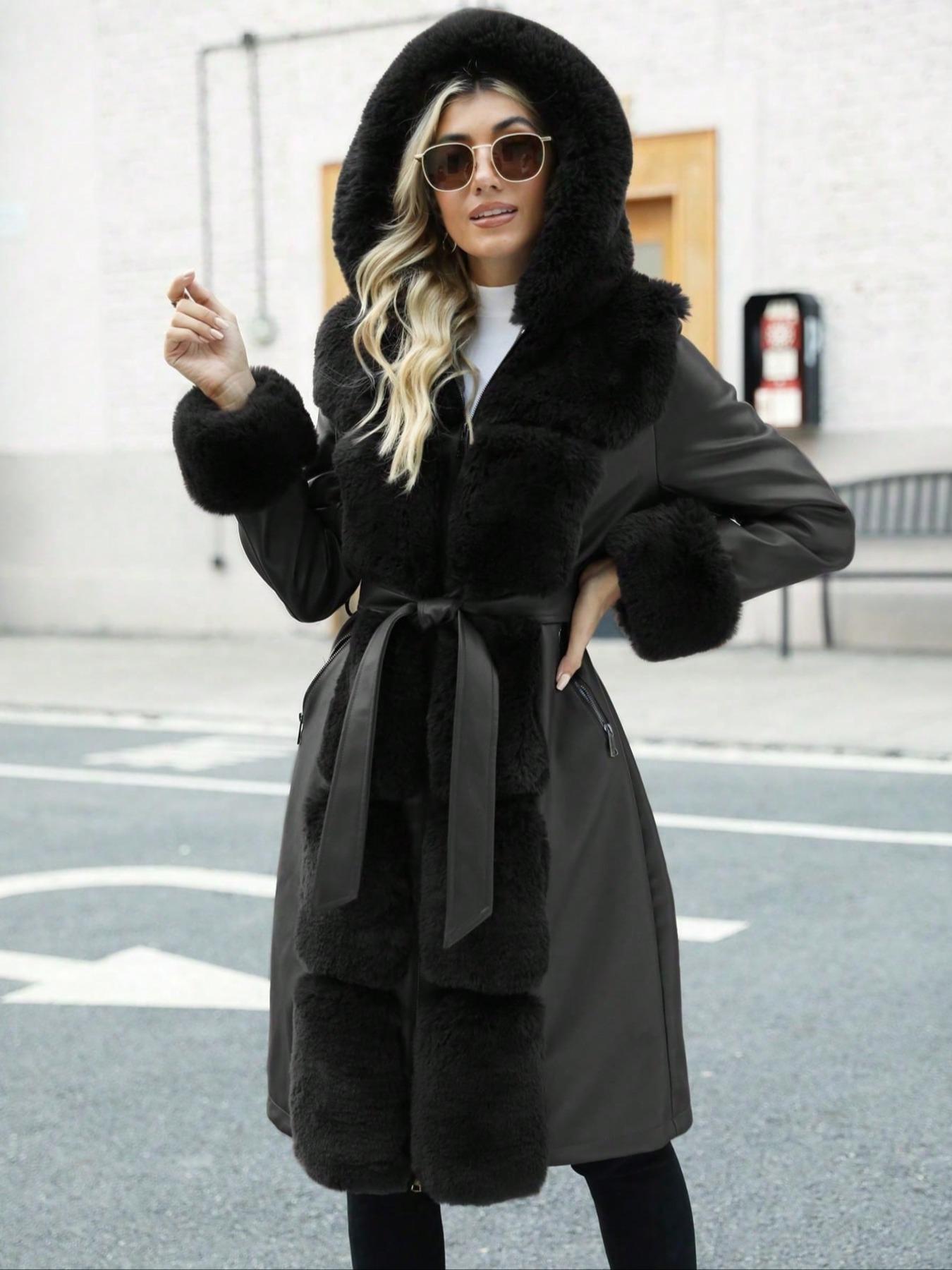 Women's Fall Winter PU Leather Jacket Coat, Contrast Faux Fur Hood Long Sleeve Fitted Casual Everyday Outerwear, Adjustable Waist Belt Design