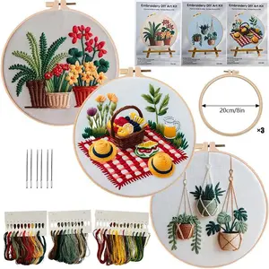 Christmas Embroidery DIY Crafts Kit with Flower Plant Picnic Stitching Materials, English Stitch Guide for Beginners, Handmade Art Holiday Gift with Textile Mix (Home Craft for Sports & Outdoor Enthusiasts)