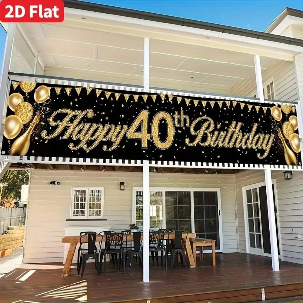 40th Happy Birthday Polyester Single Banner - 2D Flat Layout, HD Digitally Printed Black and Gold, Soft Lightweight Foldable Machine Washable Cloth Photo Booth Backdrop for Home Festive Celebrations, Party