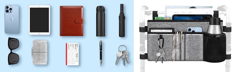 SUNDAY MIRTH Large Walker Tote Bag with Cup Holder, Folding Walker Attachment Hands-Free Storage Basket Mobility Aid Accessory Pouch for Elderly, Senior, Purple