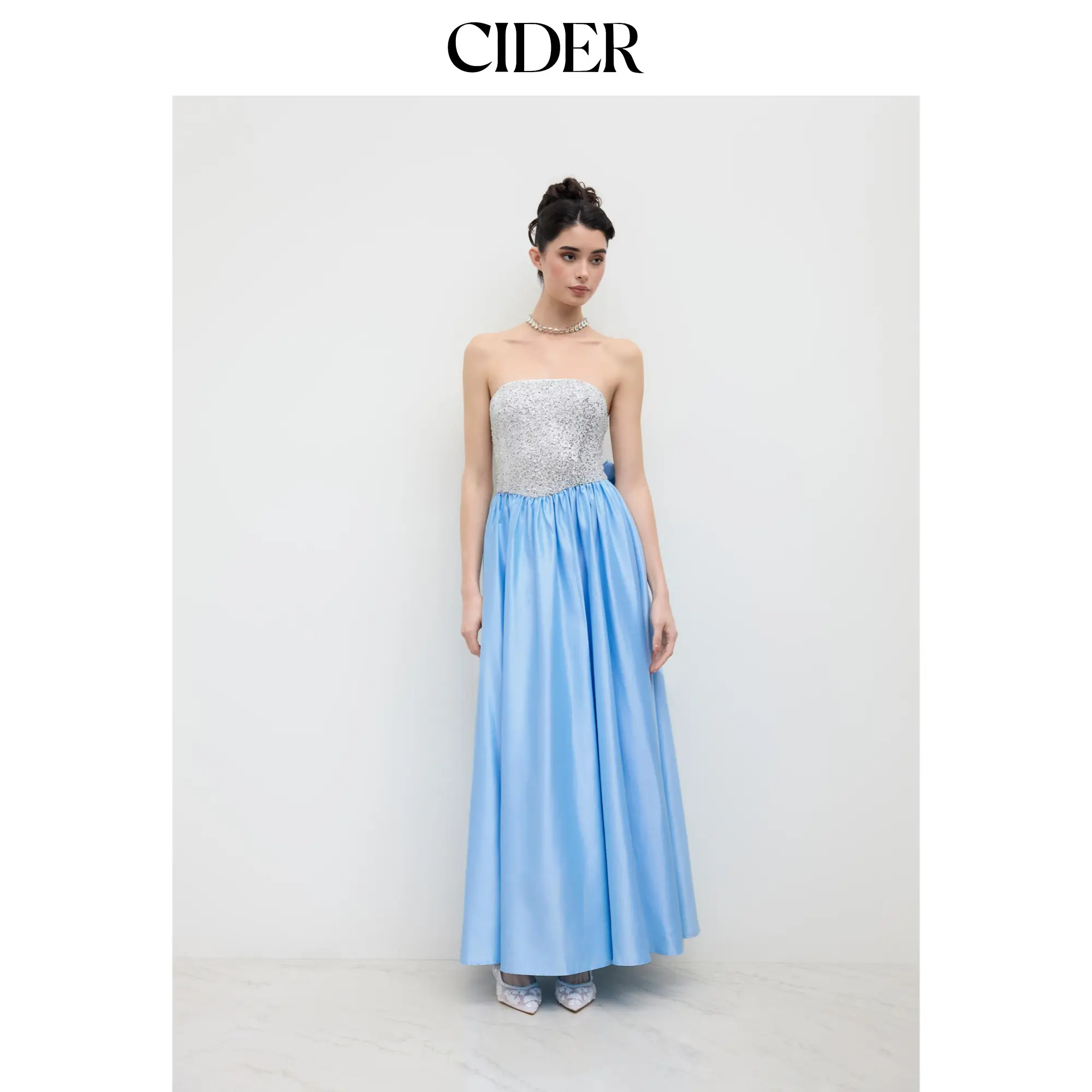 Cider Satin Bandeau Sequin Bowknot Ruffle Maxi Dress