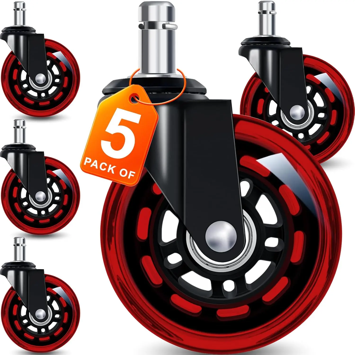 3-Inch Polyurethane Office Chair Caster Wheels, Safe Rolling on All Floors Including Carpet, for Computer Gaming Desks, Computer & Office Users, Set of 5, Red