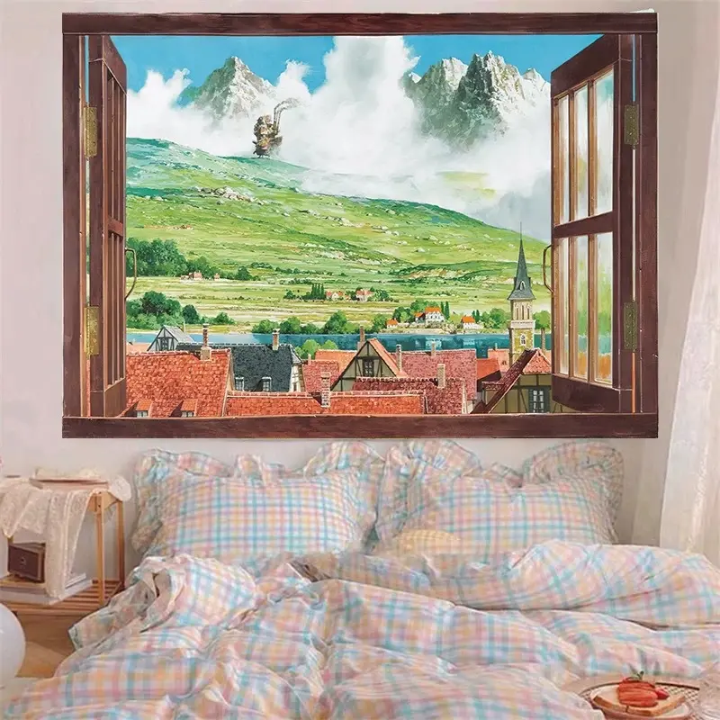 Modern Polyester Mountain View Landscape Print Tapestry, Multi-Size INS-Style Window Backdrop Fabric, Rental House Bedroom Headboard Hanging Decorative Wall Cloth, Hanging Cloth