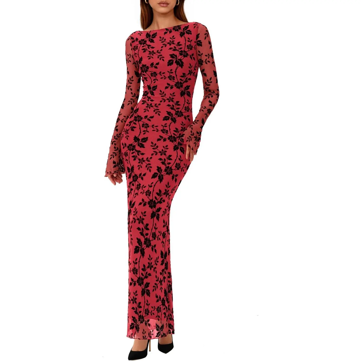 Women's Floral Bodycon Maxi Dress Spring Elegant Mesh Long Sleeve Formal Wedding Guest Cocktail Dresses