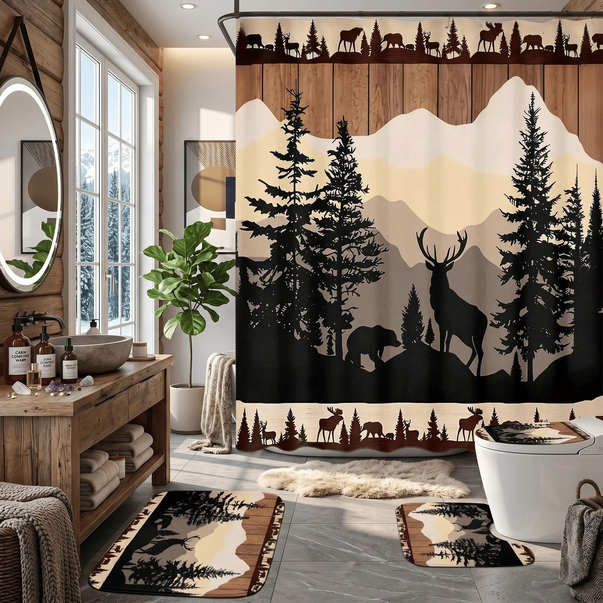 4pcs Rustic Mountain Shower Curtain, Thicker Softer Fabric, Lodge Decor with Bear and Deer Silhouette, Woodland Forest Style Bath Accessories