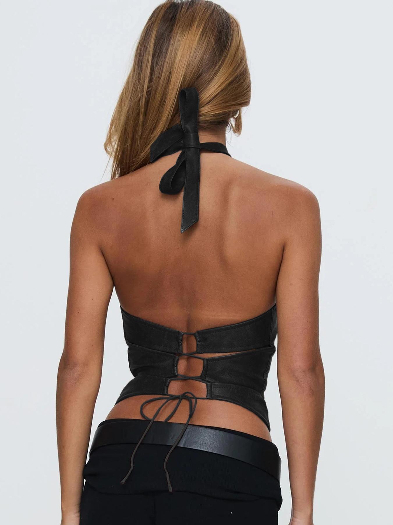 Women's Solid Lace Up Backless Halter Top, Fashion Casual PU Leather Top for Daily Outdoor Wear, Ladies Clothes for Summer