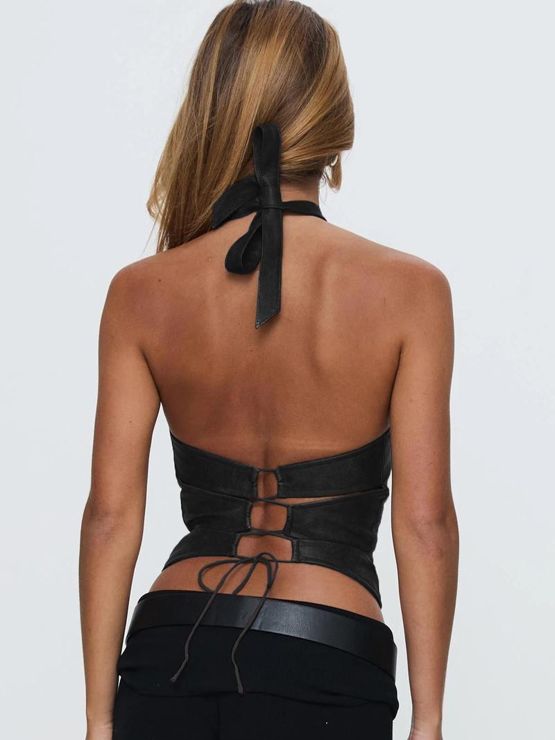 Women's Solid Lace Up Backless Halter Top, Fashion Casual PU Leather Top for Daily Outdoor Wear, Ladies Clothes for Summer