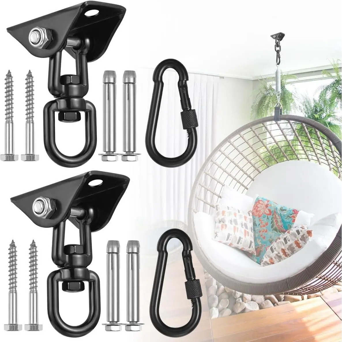 Hammock Hanging Kit, 2 Pack Hanging Chair Hardware 360°Rotating Hammock Hooks Heavy Duty, Hammock Chair Hanging Kit & Swing Ceiling Hook Snap for Hammock Chair Stand,Seat,Yoga,Gym, 1000 lb Capacity