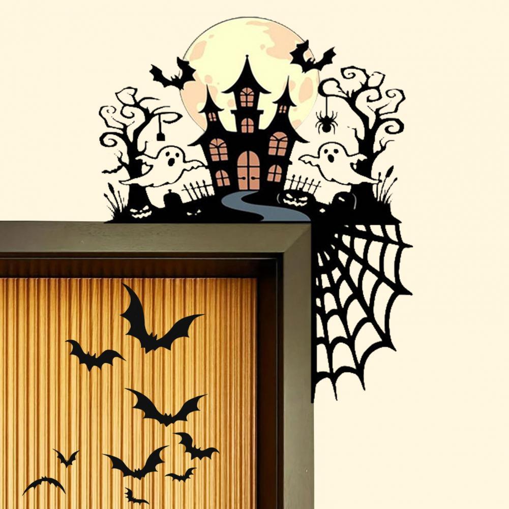 Halloween Door Corner Sign Metal Witch Cat Bat Ghost Spider Web Door Topper Sign Home Door Window Frame Decoration