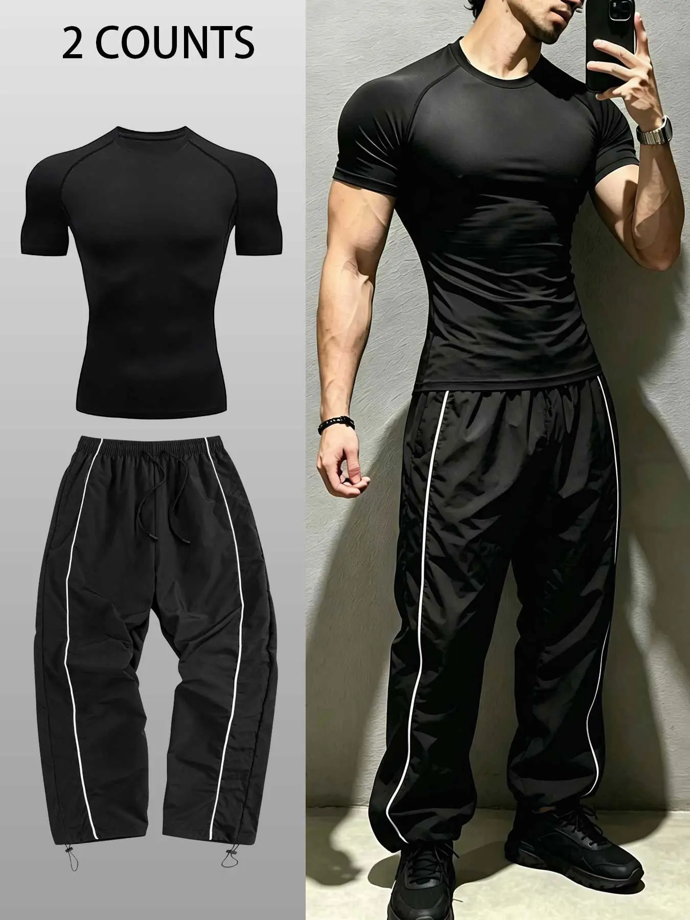 Men's Fitness Top and Jogging Pants Set, Adjustable Drawstring Waist, Soft Skin-Friendly, Ideal for Gym, Running, Casual Wear