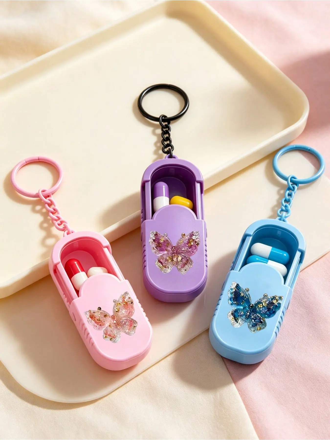 Portable Gold Foil Butterfly Design Medicine Box, Keychain Vitamin Organizer, Compact Waterproof Pill Case, Essential Travel & Home Item