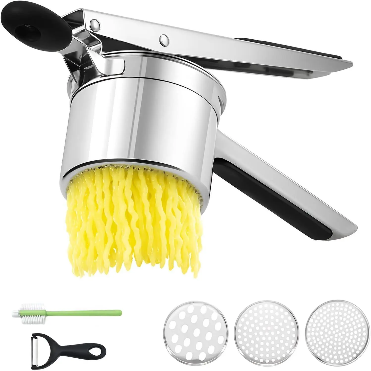 Potato Ricer 15oz, Heavy Duty Stainless Steel Potato Masher with 3 Interchangeable Discs, Large Masher and Ricer Kitchen Tool for Mashed Potatoes, Spaetzle Noodle Maker, Potato Press