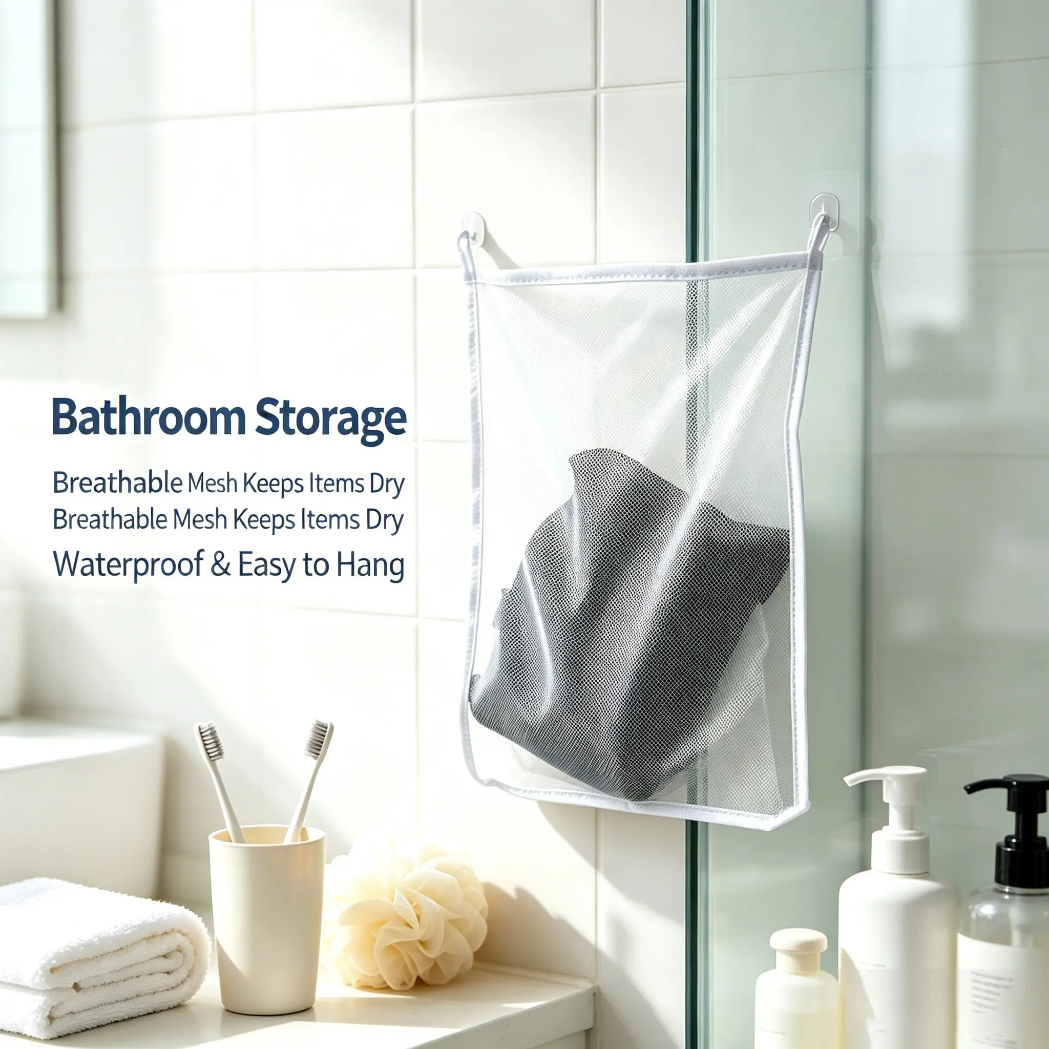 New Foldable Pool Toy Storage Bag, No Drilling Bathroom Hook, Water Drain Hanging Bag, Outdoor Indoor Use, Kids Swim Gear Organizer