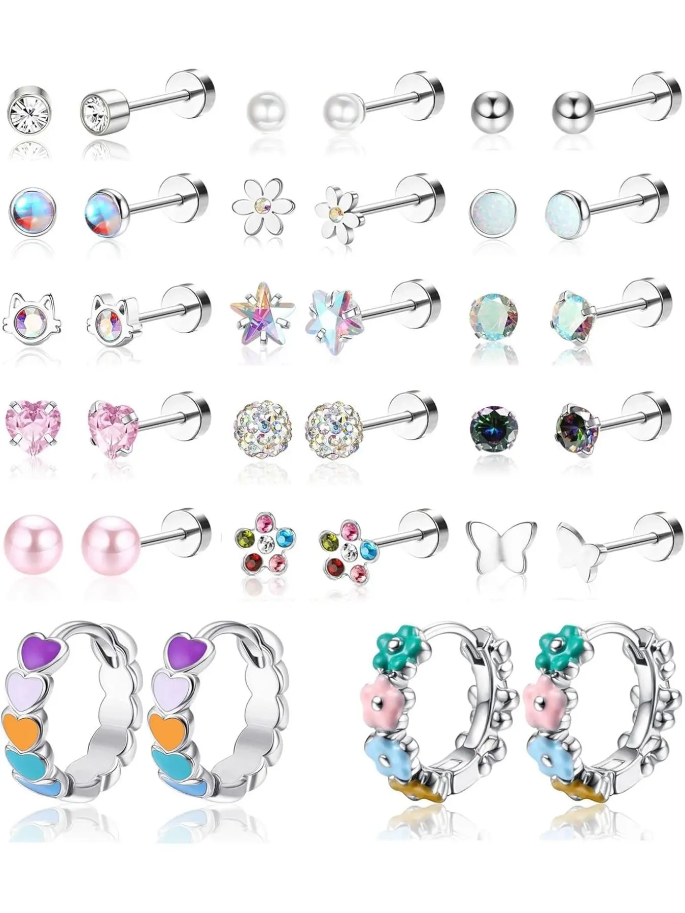 17 Pairs Hypoallergenic Earrings for Girls Women, Surgical Steel Screw Back Earrings, Toddler Baby Kids Earrings Studs 20g