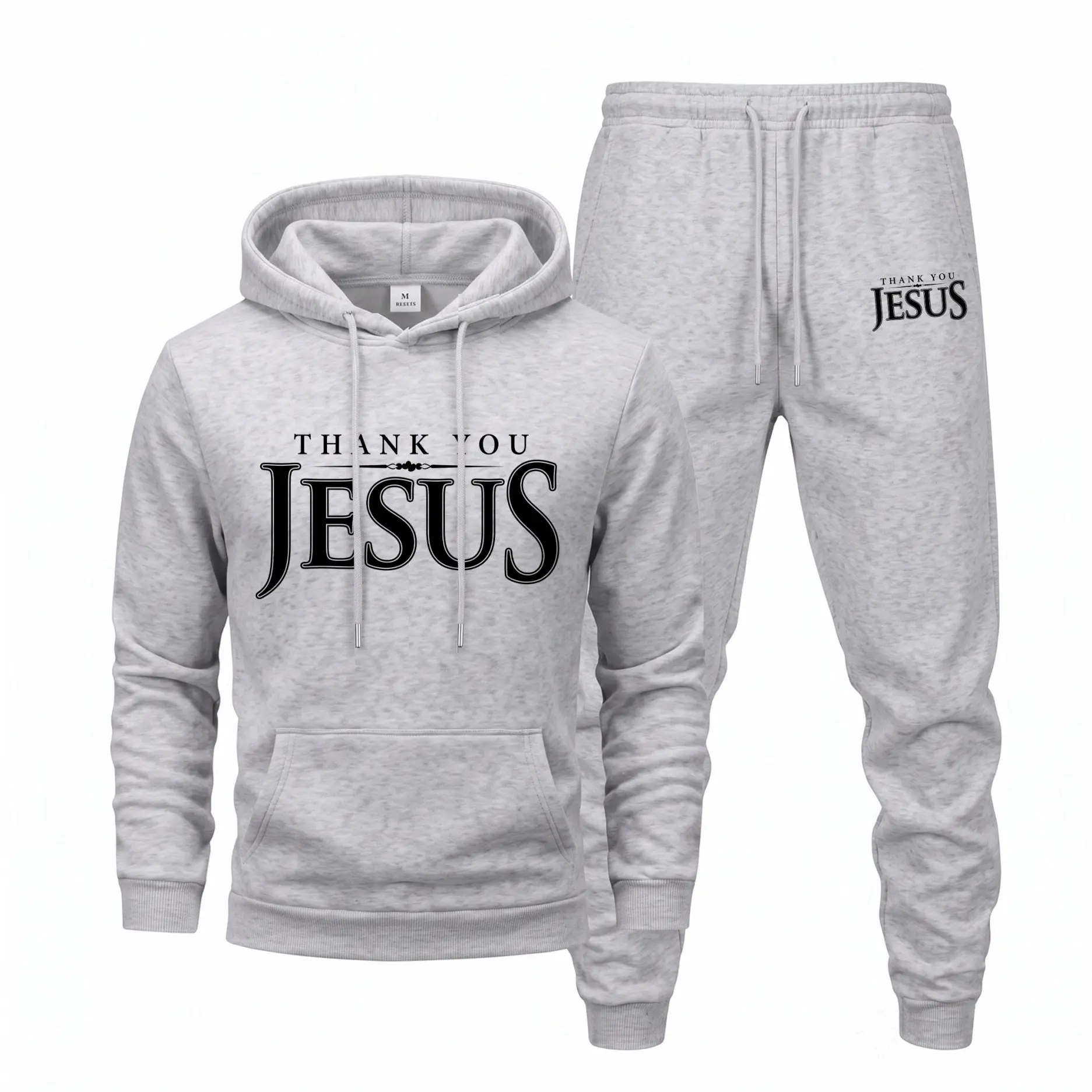 Men's Thank You Jesus Graphic Hoodie and Sweatpants Set, Christian Faith Long Sleeve Pullover & Drawstring Jogger Pants, Casual Tracksuit for Fall Winter, Daily Wear, Travel, Indoor Outdoor and Athleisure