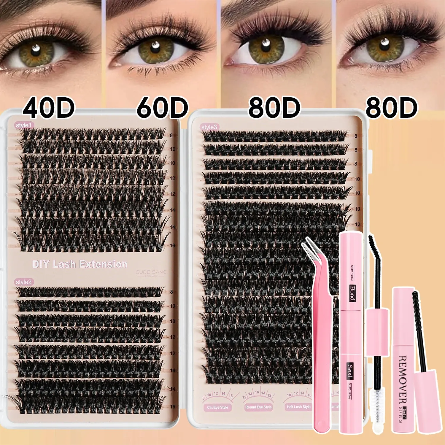 DIY False Eyelash Kit with Eyelash Extension, Glue, Tweezers, Remover, Medium Curl, Natural and Voluminous, Mixed Lengths, Self-Assembly Cluster Lashes