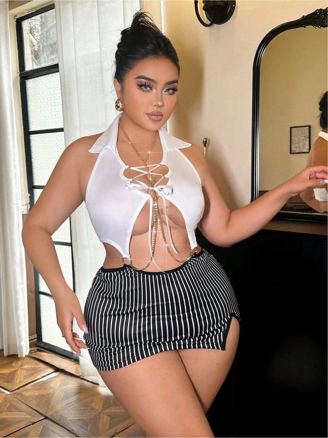 Plus Size Sexy Striped Jumpsuit Set, Slim-Fitting Cosplay Costume, Hollow Out Design, Strapless, 2-Piece Set for Parties and Nightwear Clothes