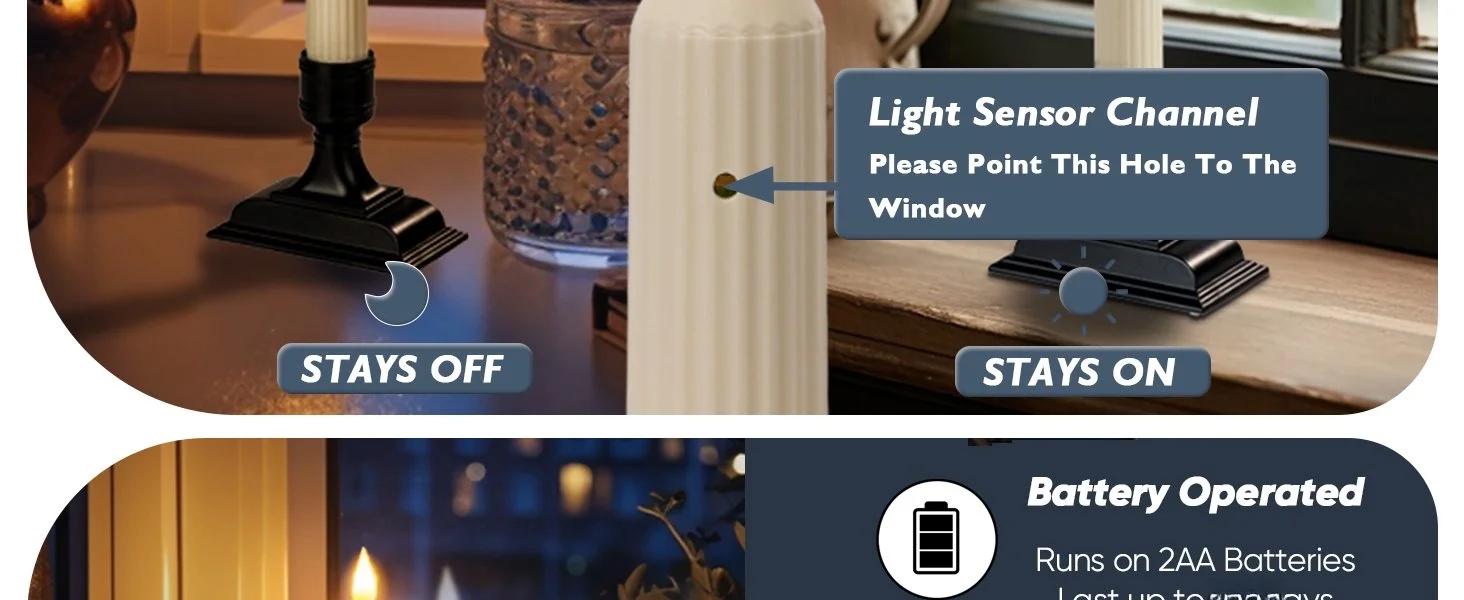 6 Pcs Window Candles with Sensor Dusk to Dawn, Ivory Electric Window Candle Flickering, Christmas Fake Candles Battery Operated, Led Candlesticks with Black Holders for Xmas Holiday Decor