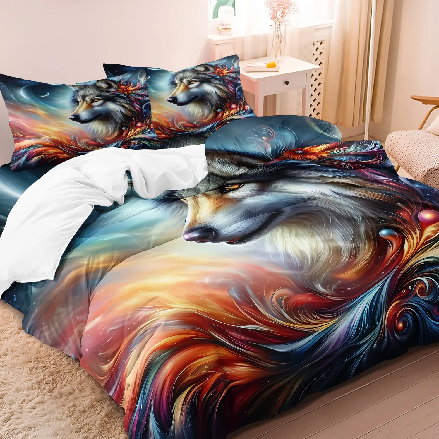 3Pcs Wolf Print Duvet Cover Set, Decorative Bedding Set, Rainbow Swirl Nebula Star Moon Wild Wolf Printed Bedding, Soft Microfiber Bed Sets For Bedroom Home Decoration, Multiple Sizes Available(1 Duvet Cover + 2 Pillowcases, No Comforter No Pillow)