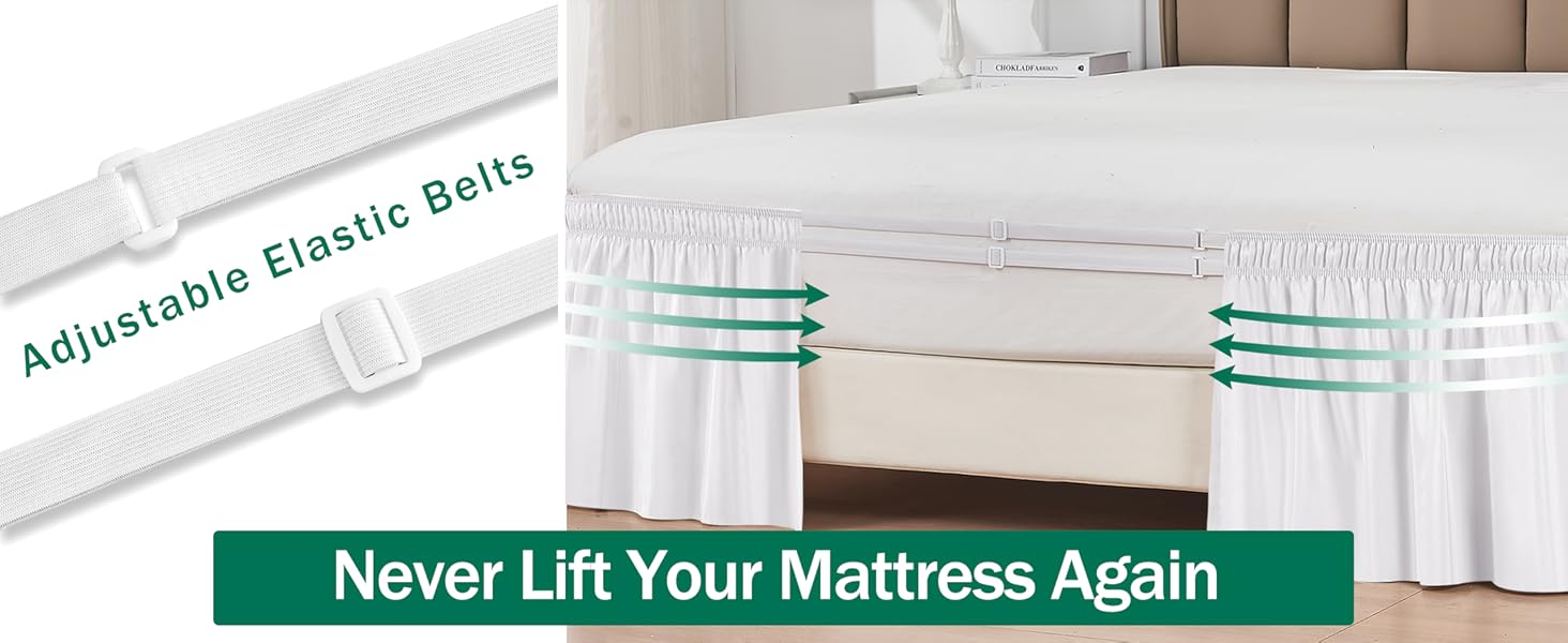 Wrap Around Bed Skirts for Queen Size Beds with 18" Long Drop, White Elastic Dust Ruffles Wrinkle & Fade Resistant Luxurious Machine Washable