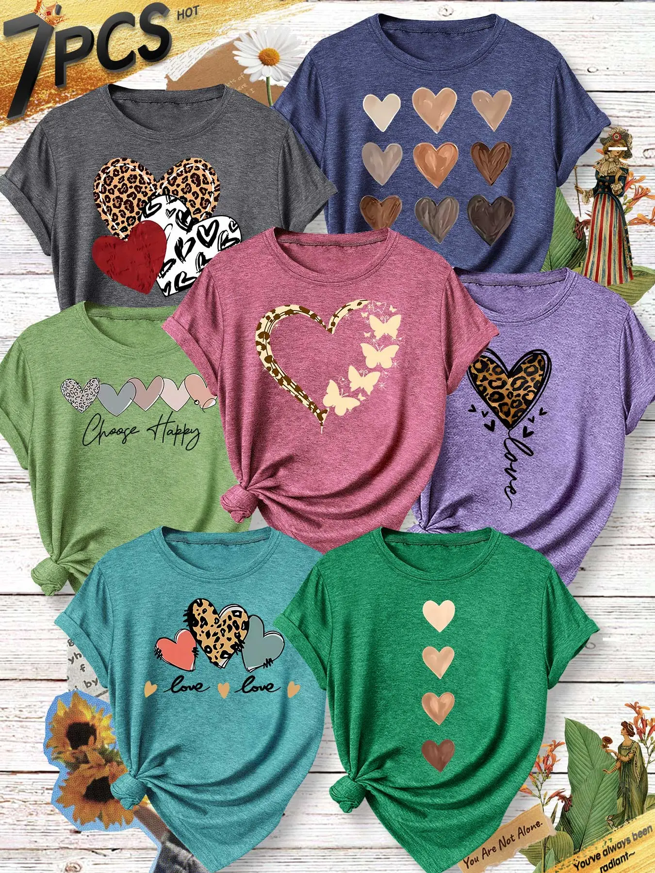7Pcs Women Crew Tee, Multi Shade Brown Heart Combo Print, multi-color washable casual loose top