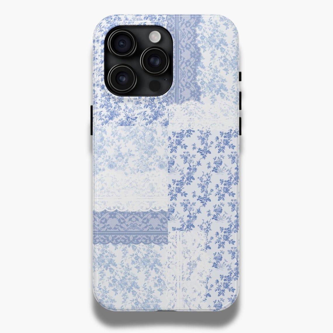Pastel Blue Patchwork iPhone Case Collection - Toile, Bow, Cow Print, Floral & Lace Aesthetic - Slim, Durable Cover for iPhone  17 Pro Max Plus Air/16/15/14/13/12/11/X and other series models. Can be given as a holiday gift to friends or family.