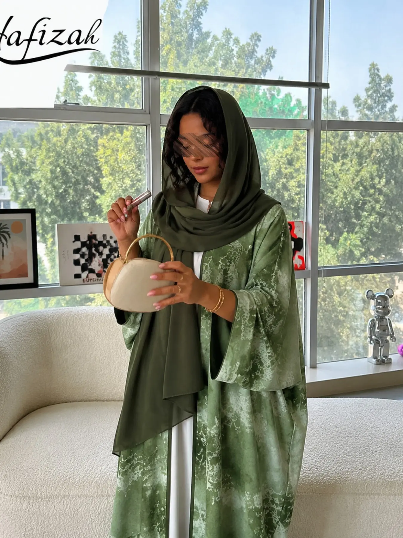 Women's Muslim Robe Kimono Open Front, Printed Long Dress, Elegant Design with Headscarf, Perfect for Eid and Ramadan Parties