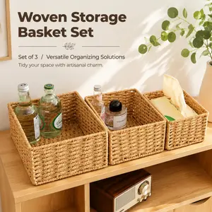 Decorative natural rattan storage baskets 1/3 set, multi-purpose durable organizer boxes, suitable for organizing the kitchen, pantry, and bedroom
