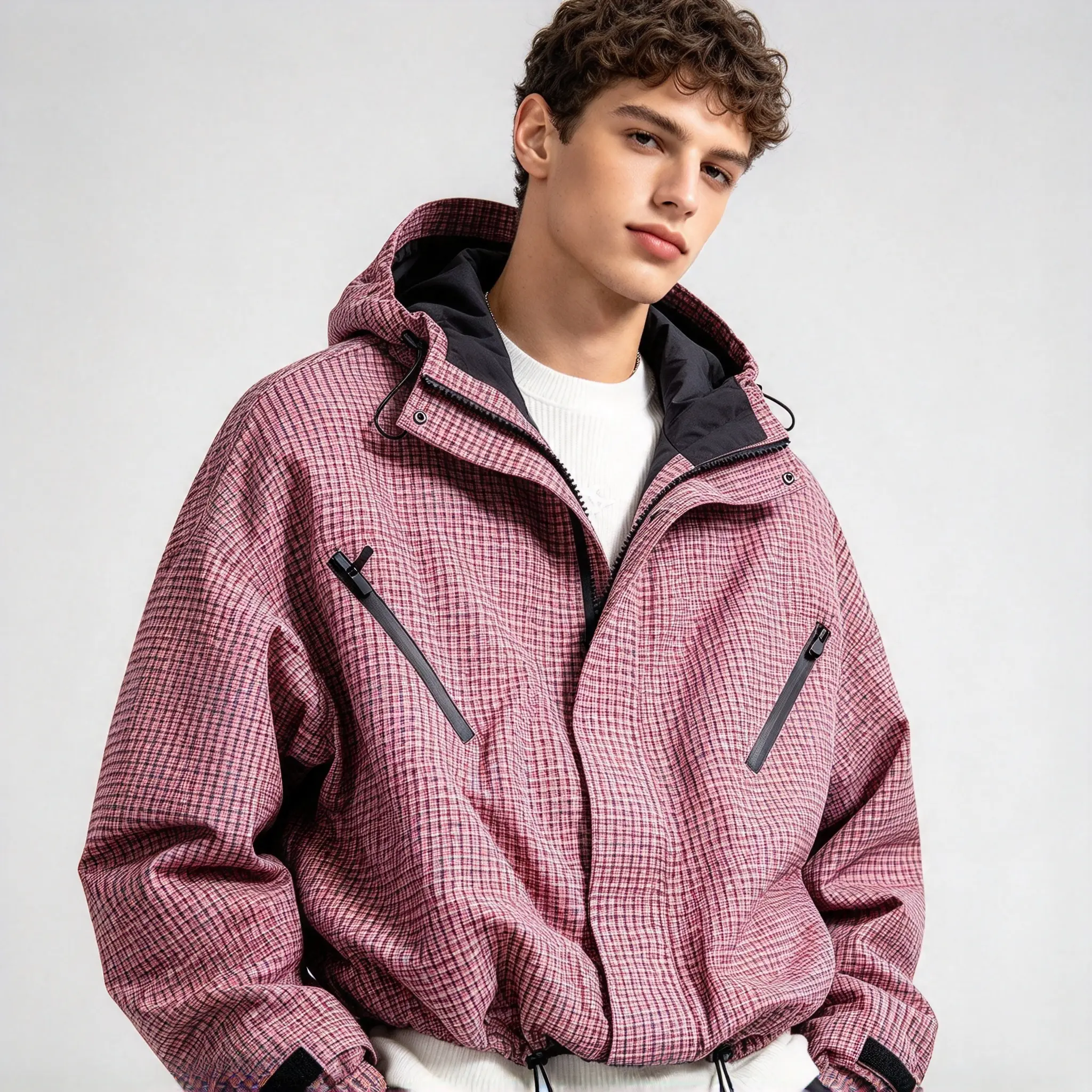 Men's Loose Plaid Techwear Jacket - Knitted Fabric, Y2K Vibe, Relaxed Fit, Utility Pockets, Zippers, Hood, Adjustable Hem, Menswear for Urban Casual, City Commuting in Autumn & Winter,sohochic