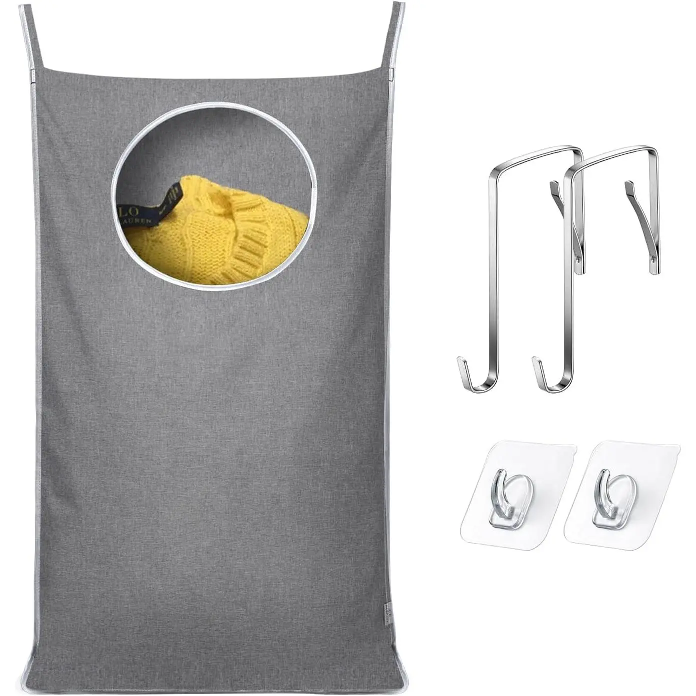 Laundry Hamper Bag with 2 Different Types of Hooks, Size 20 x 30 Inch Door Laundry Hamper Storage Bag for Dirty Clothes, Blankets, and Toys (Grey, 1-Pack)