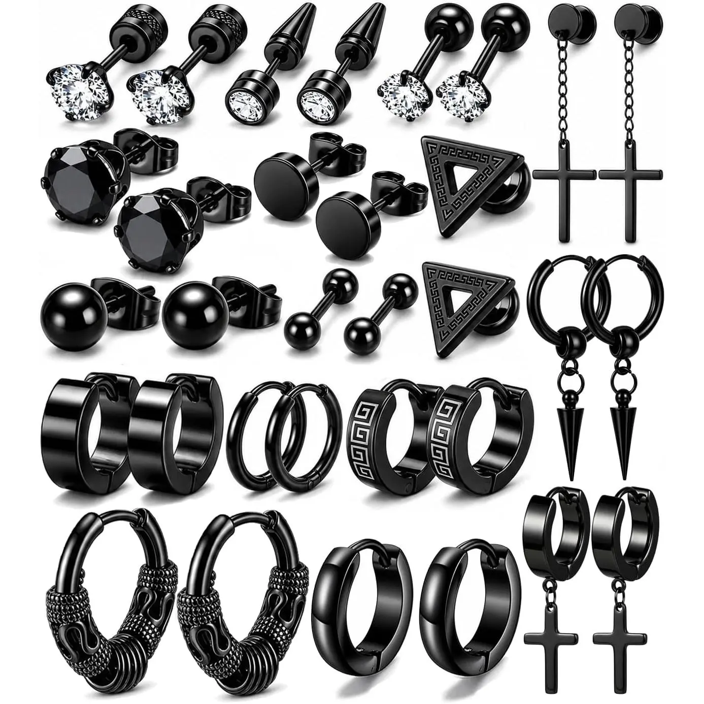16 Pairs Men Earrings Set -Stainless Steel  Dangle Hoop & Ear Stud Fashion   for Birthdays, Parties &  (Black)