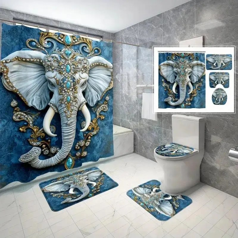 1/4pcs elegant blue elephant face, exquisite shower curtain set, non-slip floor mat, U-shaped carpet, toilet lid cover, perfect for bathroom decoration, partition, beautify the space, free 12 shower curtain hooks, Bathroom Decoration Accessories