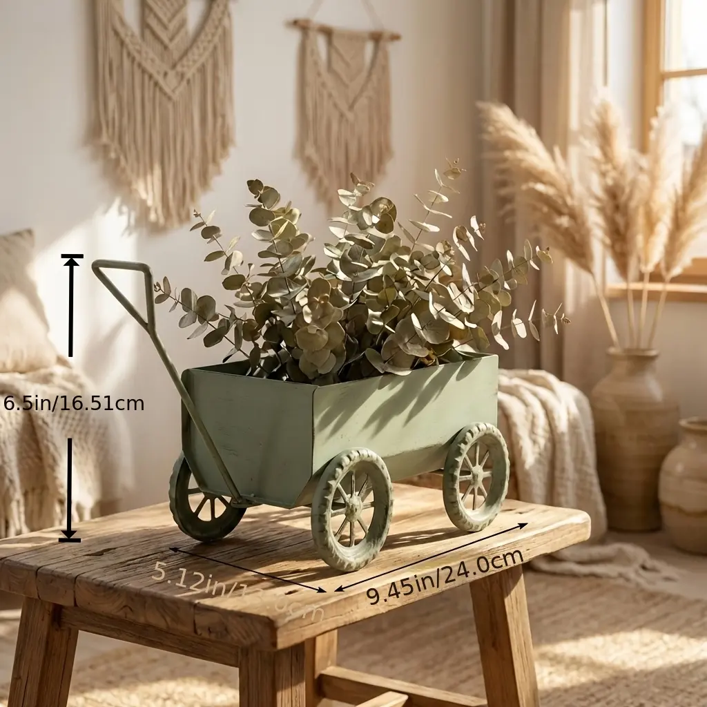 Traditional Retro Painted Metal Wagon Planter Box - Outdoor Pots for Porch, Indoor Desk & Home Decor, Garden Decor Supplies
