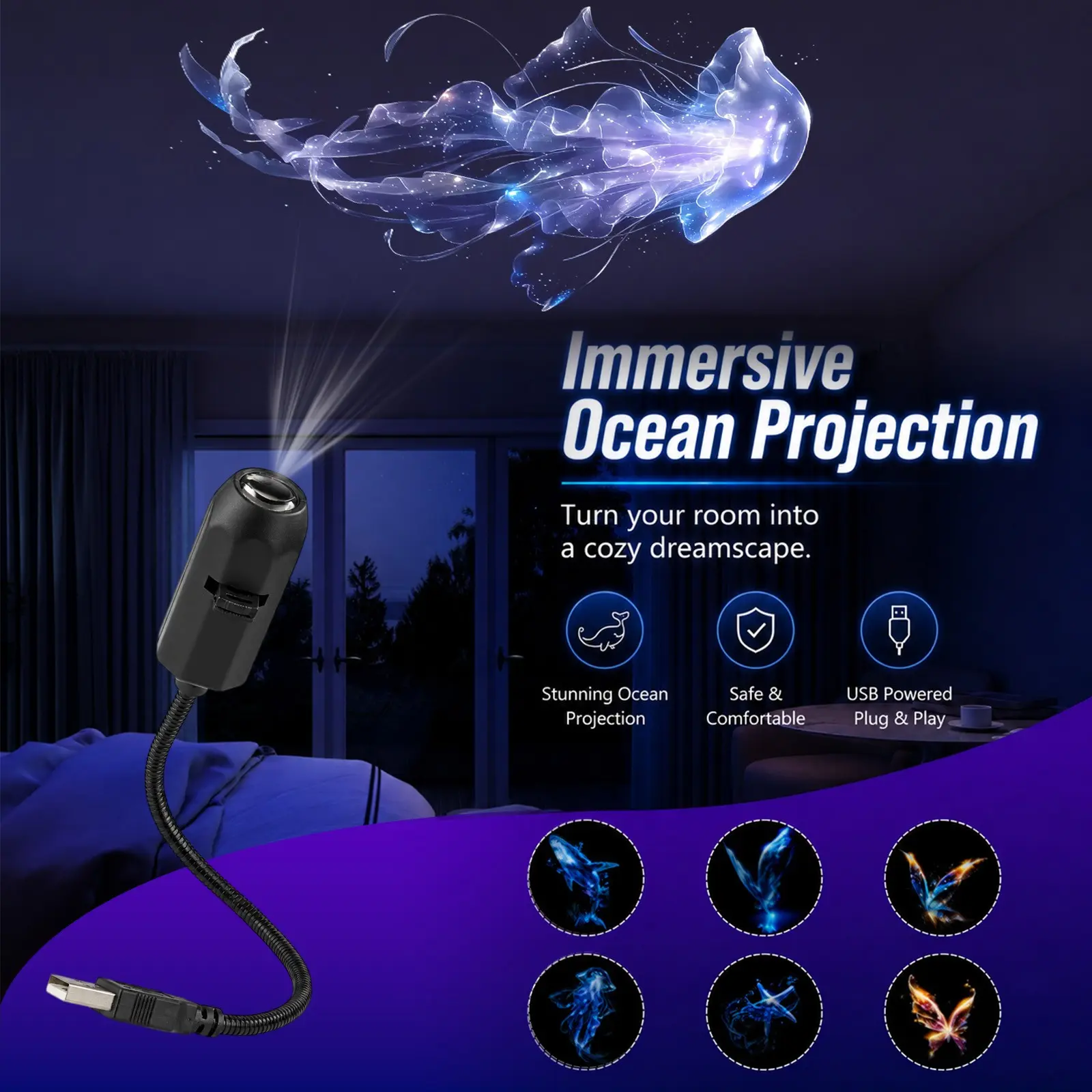 Ocean Projector Light, USB Powered Sea World Ceiling Projection Lamp, Underwater Atmosphere Night Light for Bedroom, Kids Room, Party and Holiday Decoration