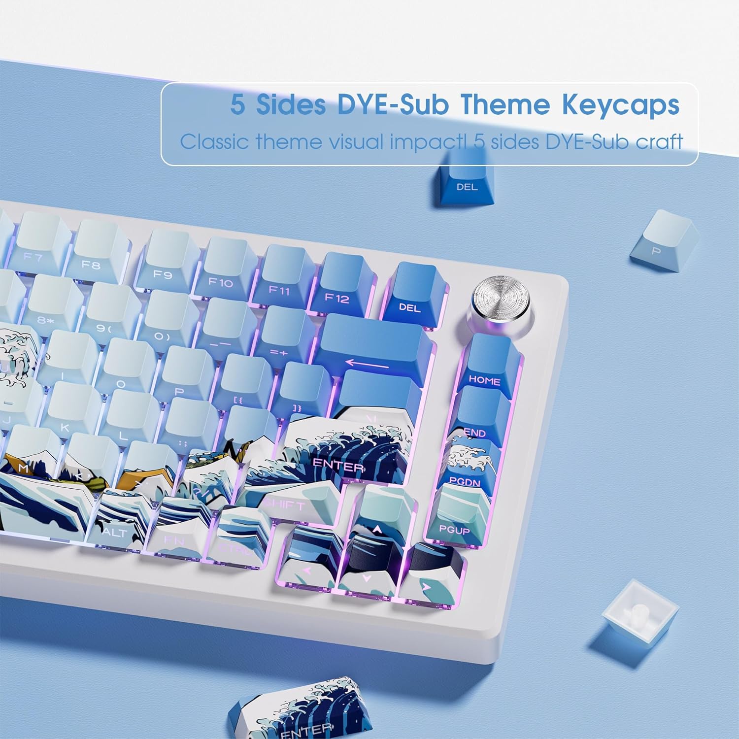 XVX Shine Through Keycaps, Side Print PBT Keycaps 75 Percent Dye Sub, 131  Cherry Profile Custom Keycaps 60 Percent, Wave of Kanagawa Double Shot Keyboard Key caps for Mechanical Keyboards