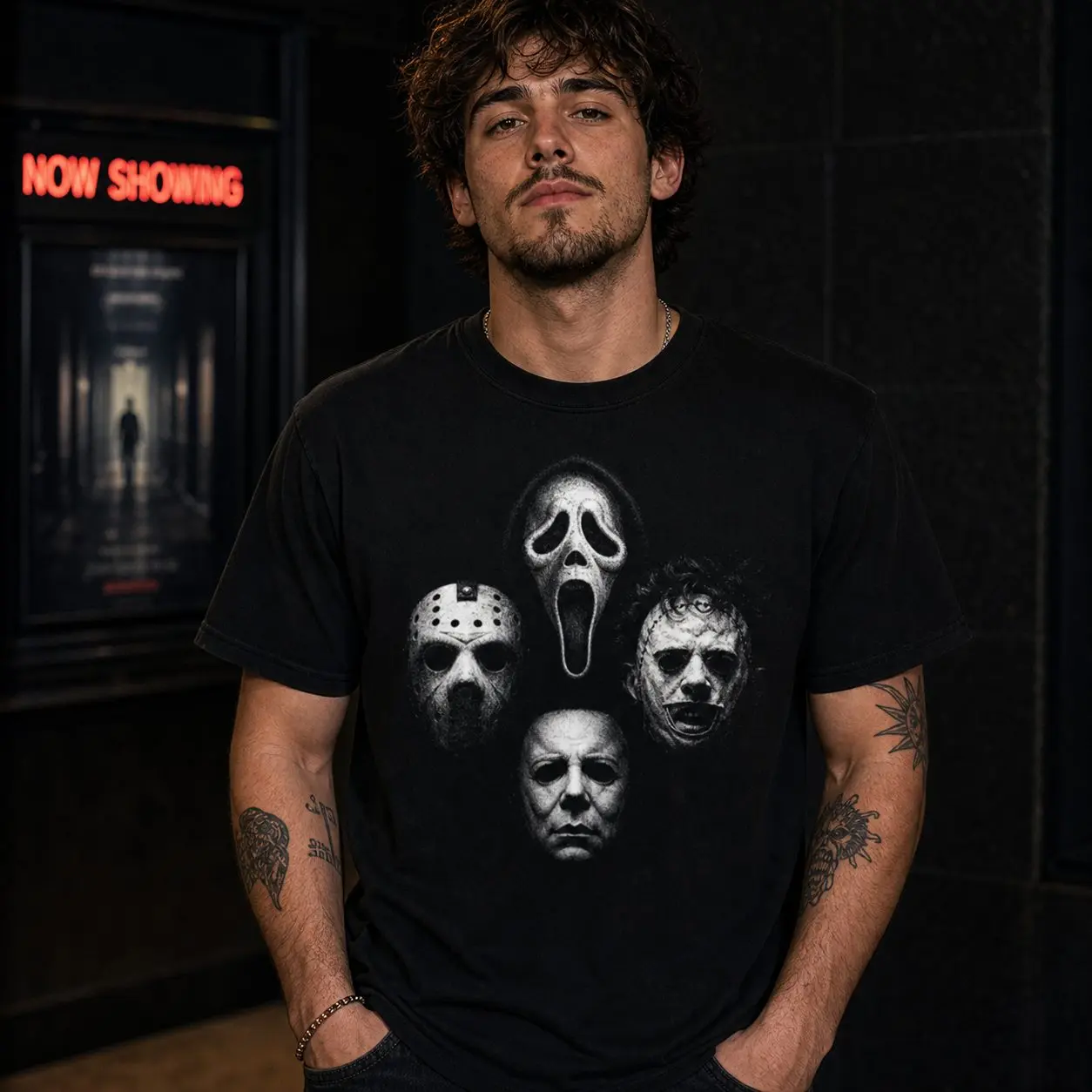 Horror Mask Graphic T-Shirt, Black Scary Movie Style Tee for Halloween Outfits
